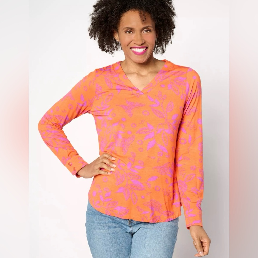 Belle by Kim‎ Gravel Women's Orange Purple Butterfly V-Neck Long Sleeve Top XL